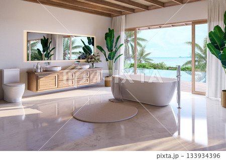 3D render of a tropical luxury bathroom with ocean view deck 133934396