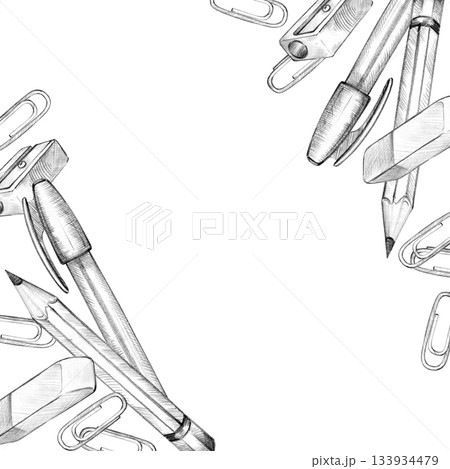 corner frame with school supplies, pencil, pen, eraser, paper clip, sharpener, hand drawn pencil sketch of education theme, back to school illustration for study, learning, card decoration 133934479