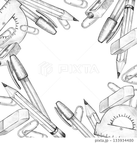 frame with school supplies, pencil, pen, eraser, paper clip, sharpener, hand drawn pencil sketch of education theme, template, back to school illustration for study, learning, card decoration 133934480