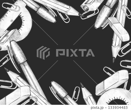 school pencil, pen, eraser, protractor, tools, paper clip, accessories, supplies, frame, hand drawn sketch of education theme, autumn event, back to school illustration on black for study decoration 133934483