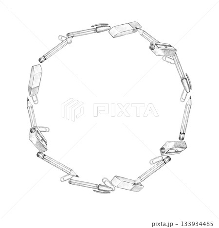 round wreath of school supplies, pencil, pen, eraser, paper clip, sharpener, hand drawn pencil sketch of education theme, accessories, back to school illustration for study, learning, card decoration 133934485