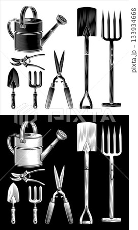 Vintage Woodcut Gardening Tools Set Illustration Vintage Woodcut Gardening Tools Set Illustration 133934668