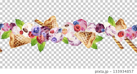 Berry and fruit scoops served with rolled wafer sticks, mint leaves, scattered fresh raspberry blueberry. Isolated seamless border hand drawn in watercolor. Dessert branding, snack art, artisan cafe. Berry and fruit scoops served with rolled wafer sticks, mint leaves, scattered fresh raspberry blueberry. Isolated seamless border hand drawn in watercolor. Dessert branding, snack art, artisan cafe. 133934857