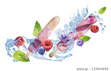 Melting ice pop lolly popsicle with flying raspberry blueberry berries, splashes drops, mint leaves. Isolated illustration hand drawn in watercolor. Frozen snack branding, cocktail decor, recipe card. Melting ice pop lolly popsicle with flying raspberry blueberry berries, splashes drops, mint leaves. Isolated illustration hand drawn in watercolor. Frozen snack branding, cocktail decor, recipe card. 133934858
