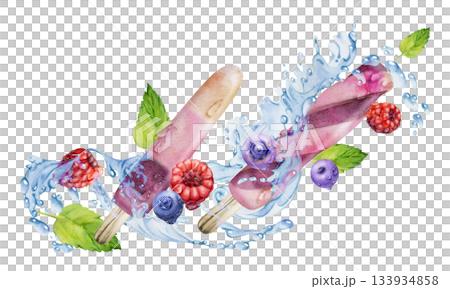 Melting ice pop lolly popsicle with flying raspberry blueberry berries, splashes drops, mint leaves. Isolated illustration hand drawn in watercolor. Frozen snack branding, cocktail decor, recipe card. Melting ice pop lolly popsicle with flying raspberry blueberry berries, splashes drops, mint leaves. Isolated illustration hand drawn in watercolor. Frozen snack branding, cocktail decor, recipe card. 133934858