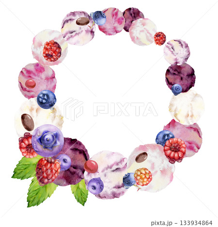 Mint leaves garnish for berry and fruit gelato scoops, fresh ripe blueberries and raspberries. Isolated wreath frame illustration hand drawn in watercolor. Frozen treat design, eco snack branding 133934864