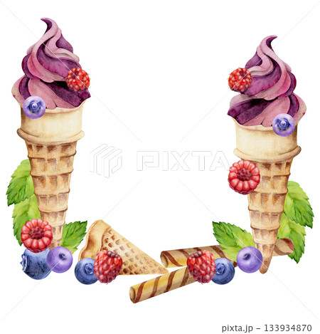 Soft ice cream swirl, frozen yoghurt in wafer cone with raspberry, blueberry berries, mint leaf. Isolated corner frame illustration hand drawn in watercolor. Healthy snack label, food blog artwork. 133934870