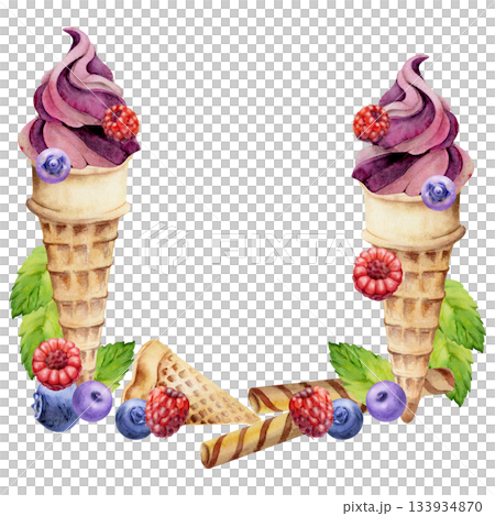 Soft ice cream swirl, frozen yoghurt in wafer cone with raspberry, blueberry berries, mint leaf. Isolated corner frame illustration hand drawn in watercolor. Healthy snack label, food blog artwork. 133934870