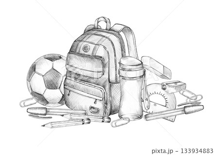 school backpack, soccer, football ball, pencil, pen, eraser, paper clip, water bottle, hand drawn pencil sketch of education theme, autumn event, back to school illustration for study decoration 133934883