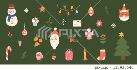 Merry Christmas hand drawn illustration. Holiday set green bg. Happy New Year cartoon sticker. Santa Claus, gingerbread, snowman, xmas tree, gifts. Retro celebration. Festive winter. Vector Merry Christmas hand drawn illustration. Holiday set green bg. Happy New Year cartoon sticker. Santa Claus, gingerbread, snowman, xmas tree, gifts. Retro celebration. Festive winter. Vector 133935546