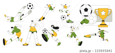 Sport with Man and Woman Character Play Football Vector Illustration Set 133935841