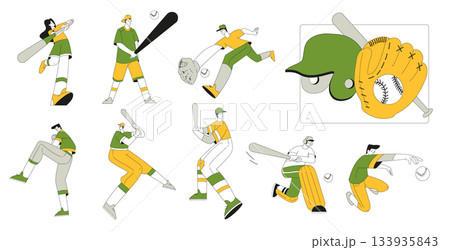 Sport with Man and Woman Character Playing Baseball Game Vector Illustration Set 133935843
