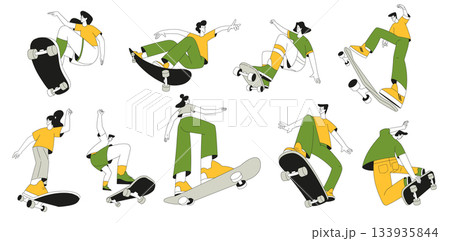 Sport with Man and Woman Character Ride Skateboard Vector Illustration Set 133935844