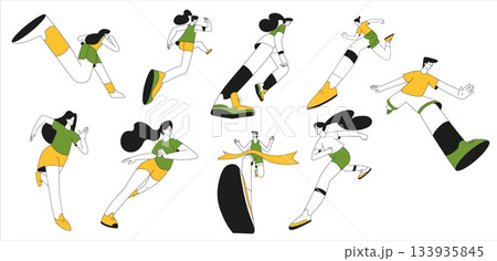 Sport with Man and Woman Character Run Marathon Vector Illustration Set 133935845