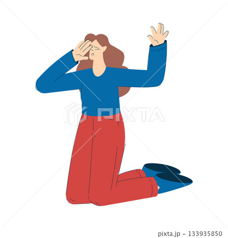 Young Woman Victim Threatened by Husband Sit on Floor Vector Illustration 133935850