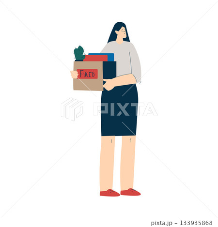 Unemployment Social Problem with Fired Woman Employee Hold Cardboard Box Vector Illustration 133935868