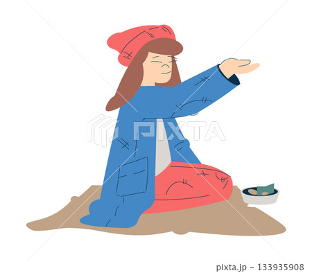 Homeless Girl Kid Beg for Money in the Street Vector Illustration 133935908