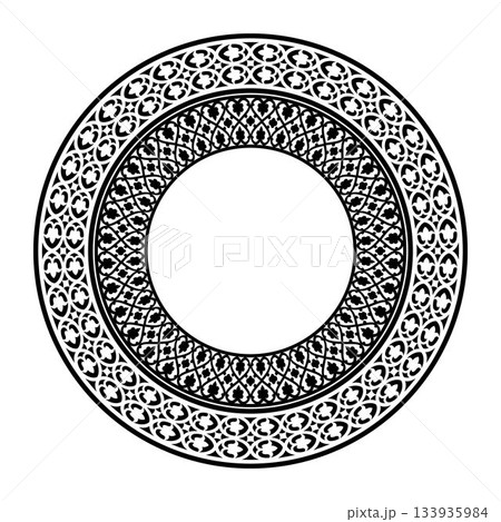 Ornate round border vintage style. Oriental round patterned frame. Template for laser cutting, engraving, ceramic, plate, wedding Invitation, Scrapbooking design, plate. Vector illustration 133935984