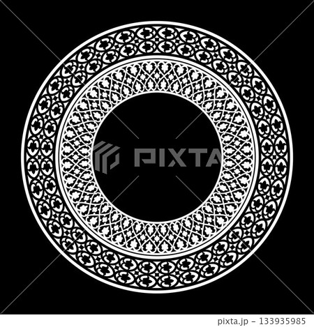 White, intricate circular frame on a black background. The design features multiple layers of repeating, ornate geometric patterns with floral, heart-like motifs. Decorative round frame. Vector White, intricate circular frame on a black background. The design features multiple layers of repeating, ornate geometric patterns with floral, heart-like motifs. Decorative round frame. Vector 133935985