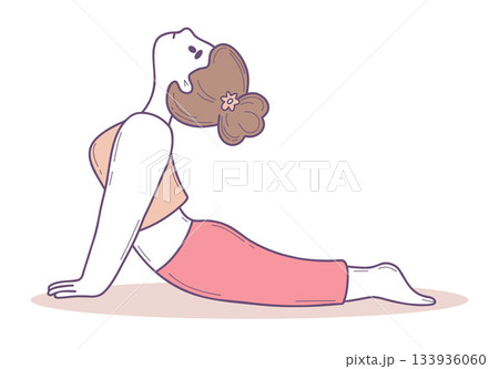 Cute Girl Doing Yoga. Stretching Back and Pulls Head Up. Color hand-drawn, doodle in pastel colors. Vector illustration. Female Character Fitness. Not AI Cute Girl Doing Yoga. Stretching Back and Pulls Head Up. Color hand-drawn, doodle in pastel colors. Vector illustration. Female Character Fitness. Not AI 133936060