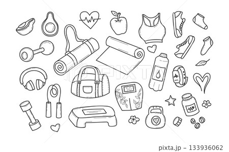 Fitness and Yoga elements set. Outline Hand drawn doodle. Equipment, healthy food, workout gear, and Pilates accessories. Isolated on white background. Vector illustration. Not AI 133936062