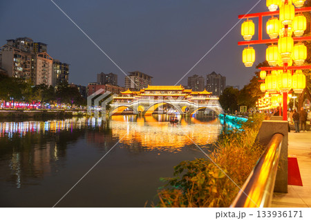 Beautiful Anshun Bridge, Bridge of the Peaceful and Fluent is a bridge in Chengdu, Sichuan, China. It crosses the Jin River. Landmark and popular for tourists attractions Beautiful Anshun Bridge, Bridge of the Peaceful and Fluent is a bridge in Chengdu, Sichuan, China. It crosses the Jin River. Landmark and popular for tourists attractions 133936171