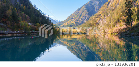 Scenery Jiuzhaigou national park in Sichuan, China. Beautiful of Panda Lake in Autumn season. Famous Landmark and Vacation near Chengdu, China. Asia travel concept 133936201