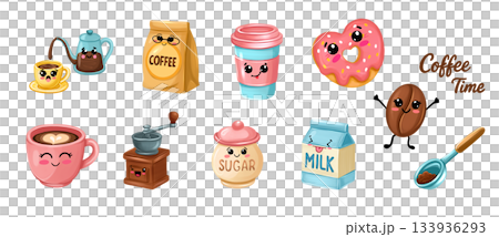 Cute cartoon illustrations for a coffee shop. Coffee characters with faces, a glass, a doughnut, a mug of coffee, a doughnut, coffee beans. 133936293