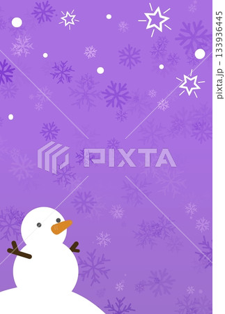 薄い紫色の背景と雪だるまと星と雪の縦型イラスト 133936445