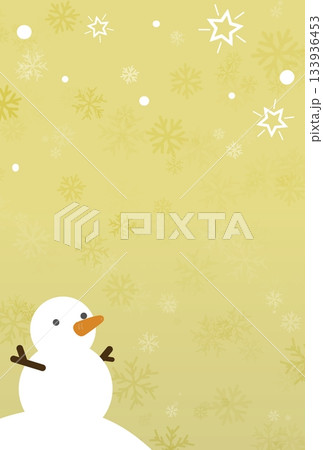 薄い黄色の背景と雪だるまと星と雪の縦型イラスト 133936453