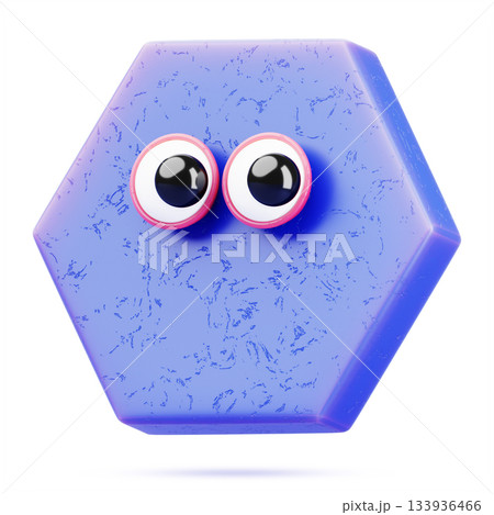 Blue hexagon 3d character - comic geometric shape with pink eyes and surprised look on face. Cute polygon basic figure, funny hex mascot. Cartoon emoji isolated on white background. 3D illustration Blue hexagon 3d character - comic geometric shape with pink eyes and surprised look on face. Cute polygon basic figure, funny hex mascot. Cartoon emoji isolated on white background. 3D illustration 133936466