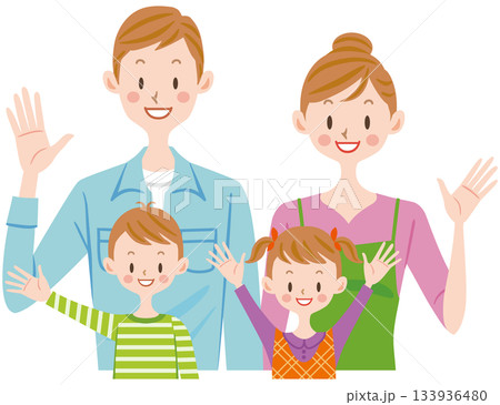 家族のイラスト　笑顔で手を振るファミリー 133936480