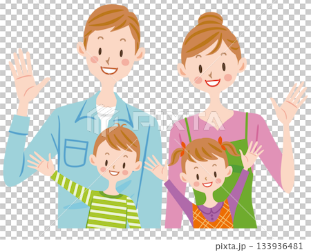 Illustration of a friendly family of four waving with a smile 133936481