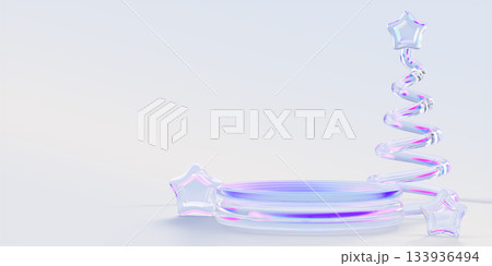 Hologram xmas 3d podium with glass spiral Christmas tree and crystal stars. Iridescent transparent stage with holiday decoration. New Year platform for product display or presentation. 3D illustration Hologram xmas 3d podium with glass spiral Christmas tree and crystal stars. Iridescent transparent stage with holiday decoration. New Year platform for product display or presentation. 3D illustration 133936494