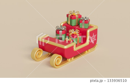 Christmas Santa Sleigh Filled with Gift Box. 3D Rendering. 133936510