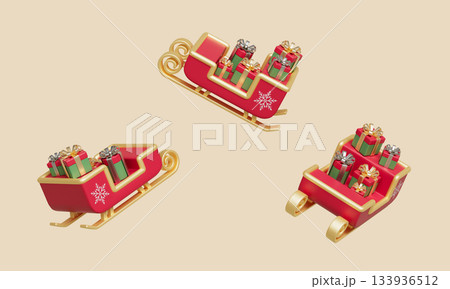 Christmas Santa Sleigh Filled with Gift Box. 3D Rendering. 133936512