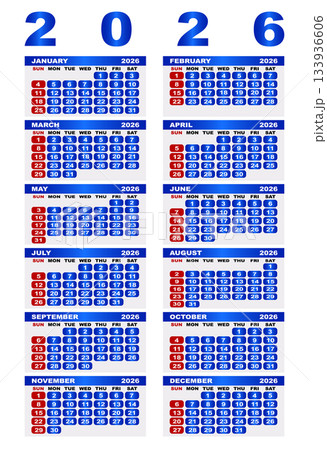 2026 Yearly Calendar Grid With Blue and Red Numbered Days January February 133936606