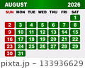 August 2026 Calendar Grid With Red Sundays and Green Weekdays vector illustration 133936629