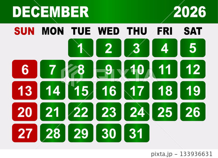 December 2026 Calendar Grid With Red Sundays And Green Weekdays month December 2026 Calendar Grid With Red Sundays And Green Weekdays month 133936631