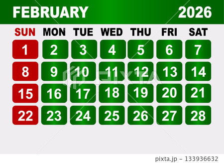 February 2026 Calendar Grid With Red Sundays And Green Weekdays month 133936632