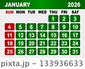January 2026 Calendar Grid With Red Sundays and Green Weekdays vector illustration 133936633