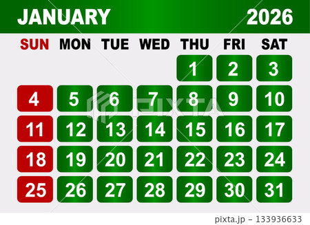 January 2026 Calendar Grid With Red Sundays and Green Weekdays vector illustration January 2026 Calendar Grid With Red Sundays and Green Weekdays vector illustration 133936633
