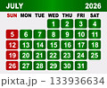 July 2026 Calendar Grid With Red Sundays and Green Weekdays vector illustration 133936634
