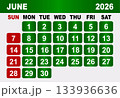 June 2026 Calendar Grid With Red Sundays and Green Weekdays vector illustration 133936636