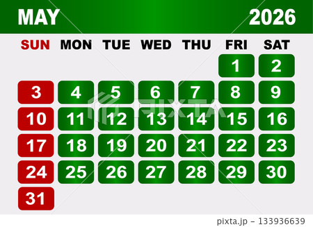 May 2026 Calendar Grid With Red Sundays And Green Weekdays planner 133936639