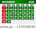 November 2026 Calendar Grid With Red Sundays And Green Weekdays month 133936640