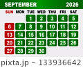 September 2026 Calendar Grid With Red Sundays and Green Weekdays vector illustration 133936642