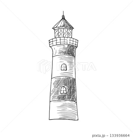 Vector vintage lighthouse. Hand painted linear Nautical symbol illustration. Graphic monochrome sketch isolated on background. For designers, prints, logo, icon, menu, postcards, holiday, covers 133936664