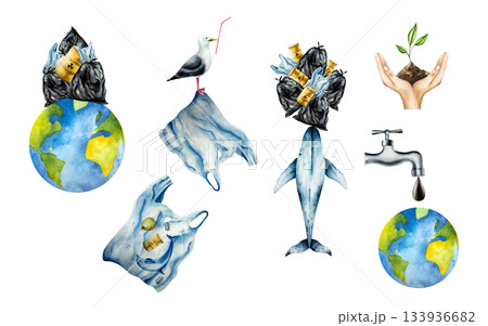 Planet earth and whale with Mountain of garbage. Watercolor hand drawn earth day globe, Bags filled with trash, rusty oil barrels illustration isolated on background. Agriculture, organic gardening Planet earth and whale with Mountain of garbage. Watercolor hand drawn earth day globe, Bags filled with trash, rusty oil barrels illustration isolated on background. Agriculture, organic gardening 133936682