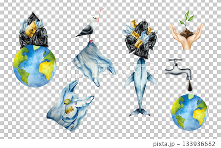 Planet earth and whale with Mountain of garbage. Watercolor hand drawn earth day globe, Bags filled with trash, rusty oil barrels illustration isolated on background. Agriculture, organic gardening Planet earth and whale with Mountain of garbage. Watercolor hand drawn earth day globe, Bags filled with trash, rusty oil barrels illustration isolated on background. Agriculture, organic gardening 133936682